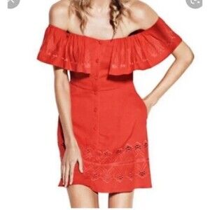 Design Lab Embroidery Dress XS Eyelet‎ Red Off Shoulder Button Front Fit Flare
